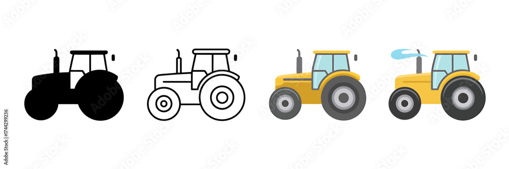 Fototapeta premium Tractor Icon Set in Vector Format Depicting Agricultural Machinery for Farming and Agriculture Purposes Showcasing Different Styles