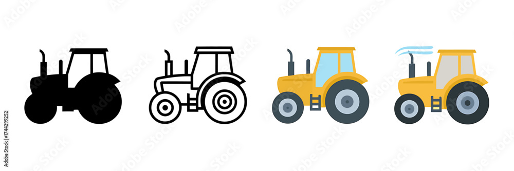 Fototapeta premium Vector Set of Tractors in Various Styles Farm Equipment Icons Agriculture Machinery Illustrations Black Outline and Colorful Designs
