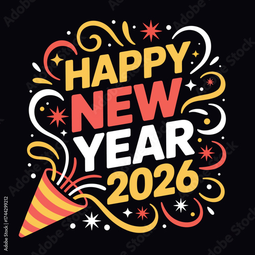 Festive Happy New Year 2026 Celebration Design with Confetti and Decorative Swirls against a Dark Background