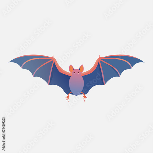 Graphic illustration of a bat with outstretched wings, rendered in shades of blue and pink against a plain background.