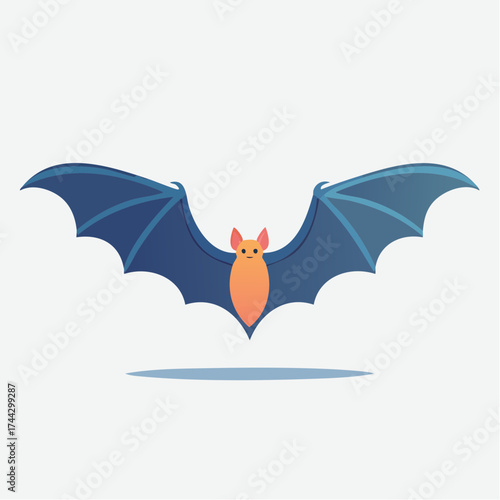 A stylized cartoon bat with wide open wings, rendered in blue and orange, casting a small shadow.