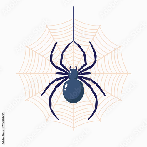 Illustration of a dark blue spider hanging on a beige web against a white background.