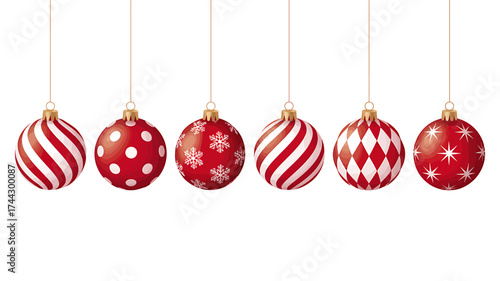 Festive Red and White Christmas Ornaments Hanging in a Row Holiday Decorations with Unique Patterns for Christmas Tree Decor