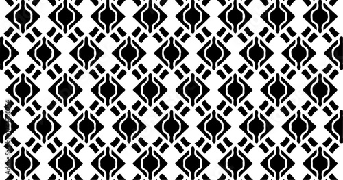 Seamless geometric pattern with diamond and curved shapes in black and white, featuring rhythmic symmetry for modern decoration.