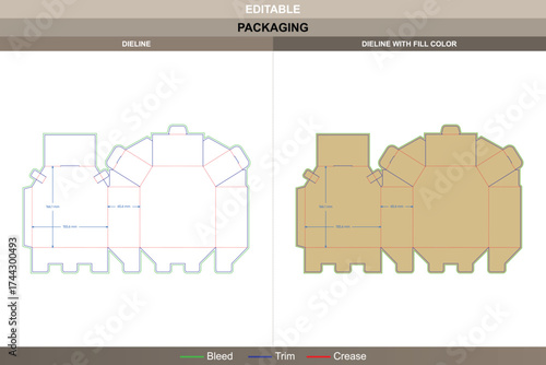 Tuck end boxes trapezoid dieline, editable packaging template with fold structure and die line guidance for secure product packaging and professional display