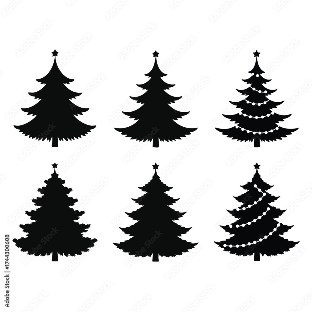 Obraz premium Set of Six Black Christmas Tree Silhouettes with and without Garland