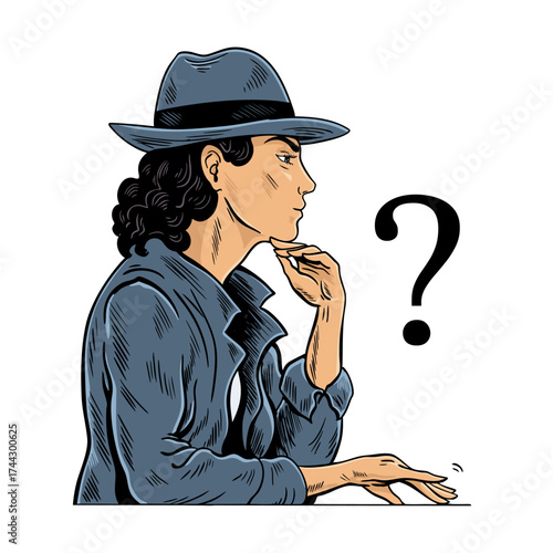 Female detective thinking with question mark pop art vector