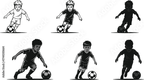 Cartoon boys playing soccer, football action poses, dynamic movement, sports illustration, child athletes, dribbling, kicking, energetic kids, uniformed characters, expressive animation