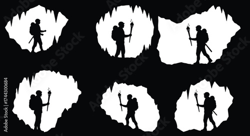 Cave explorer silhouette, torch with blue flame, backpack adventure, underground journey, discovery concept, dark cavern, isolated figure, vector illustration, mystery theme