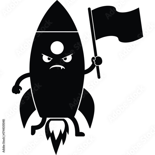 Angry Rocket Cartoon Character with Flag space launch flames illustration vector design icon symbol mascot
