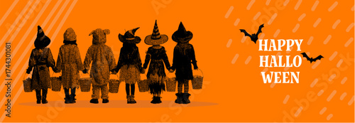 Happy halloween kids in costume with trick or treat buckets and halftone grunge background design