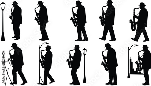 Silhouette vector illustration of a jazz saxophone player performing under street lamps in different poses, music art concept design