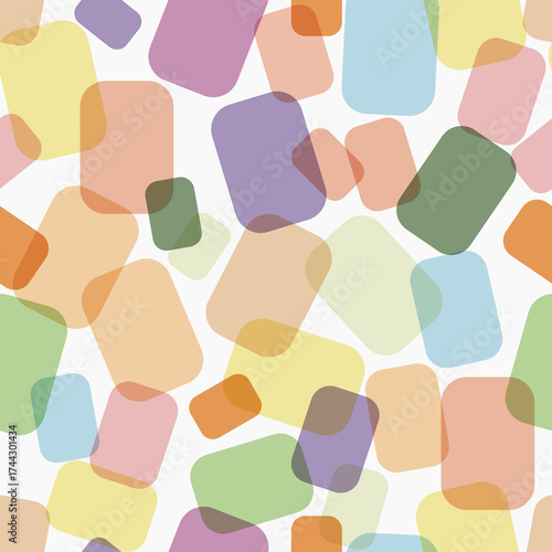 Multicolored squares are randomly scattered on a white background, forming a seamless pattern. 