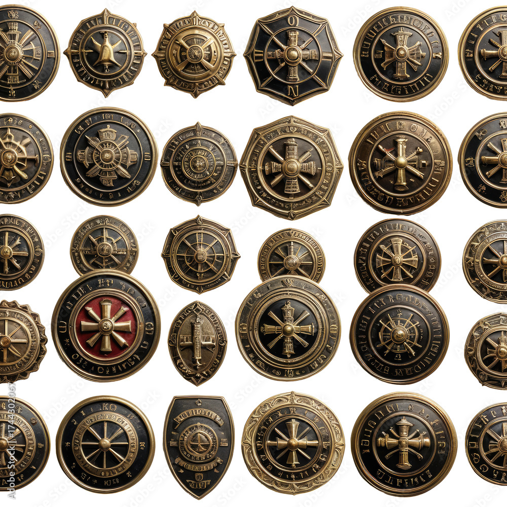 Fototapeta premium Collection of ornate, bronze-toned circular emblems with various intricate designs