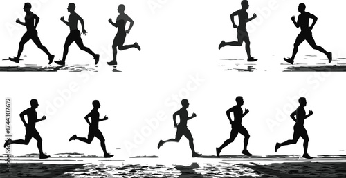 Silhouette vector illustration of running man motion sequence showing jogging, sprinting, athletic exercise, workout, sports training, fitness, and health concept