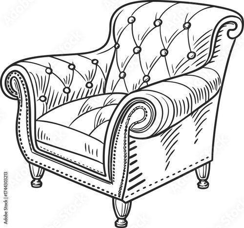 Classic tufted chesterfield armchair sketch. Vector