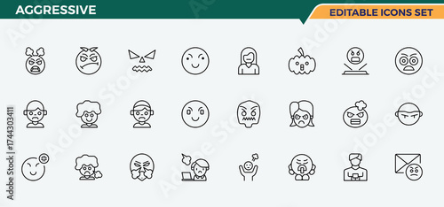 Aggressive icon set. Pictograms of offensive, attack, anger, angry, reaction and more. Angry line icon set. Icons for website. Editable stroke. Vector collection.