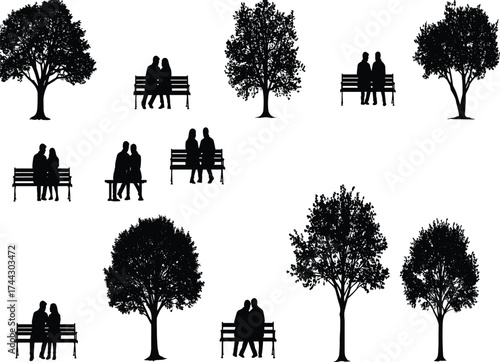 Silhouette vector illustration of people relaxing on park benches under trees, outdoor nature scenery design for peaceful lifestyle concept