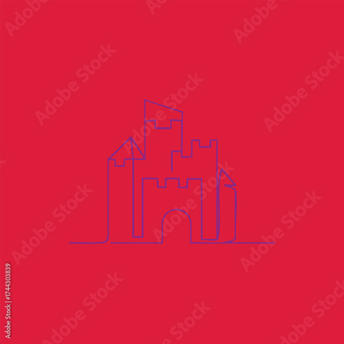 Minimalist line drawing of a medieval castle with towers and battlements on a vibrant red