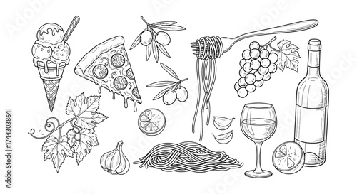 Still life arrangement with wine bottle glasses fruit and ornate elements vector