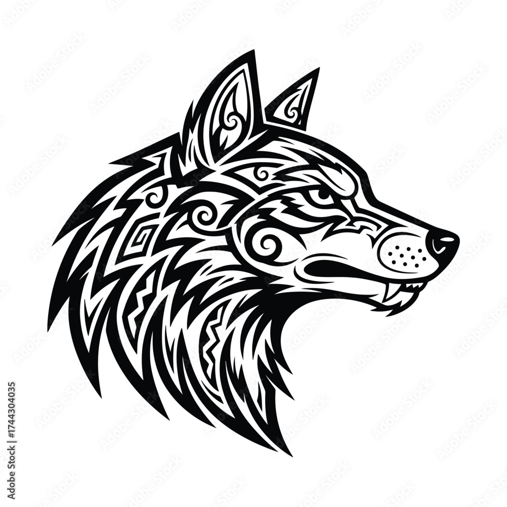Obraz premium Tribal wolf head with intricate patterns isolated on white background