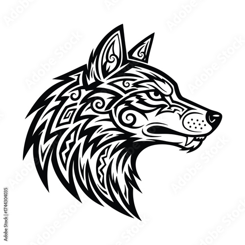 Tribal wolf head with intricate patterns isolated on white background