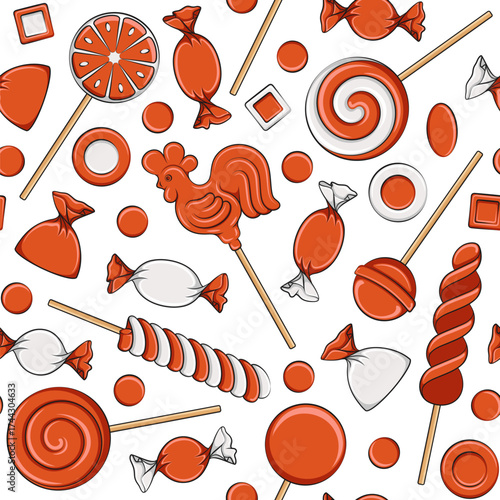 Seamless pattern with lollipop cockerel on stick and orange sweets candy. Colored vector background.