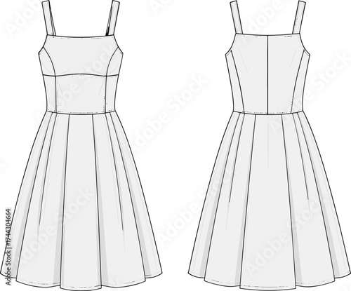 Square neckline sleeveless dress fashion flat sketch, fitted bodice, flared panel skirt, technical apparel vector, cad drawing flat vector illustration