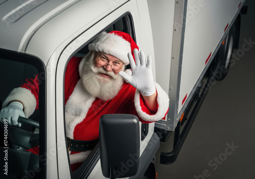 Santa Claus waves from the cab of his delivery truck, ready to bring gifts and Christmas cheer.