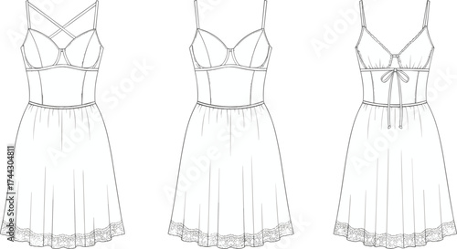 Women’s nightdress chemise fashion flat sketch, lace trim, spaghetti straps, fitted bodice, flared skirt, cad drawing flat vector illustration