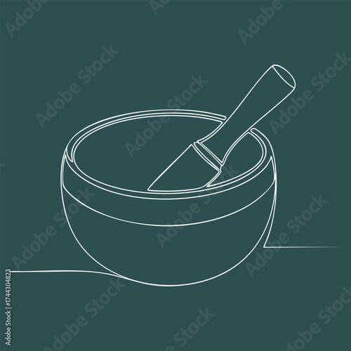 Minimalist line drawing of a mortar and pestle set used for grinding spices or herbs on a solid