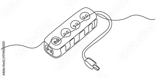 Electric extension cord with three plugs continuous line drawing. One line art of socket, European and American electrical plug, 220 volt, socket adapter.