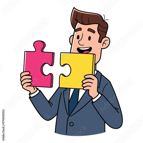 Businessman successfully connecting puzzle pieces symbolizing teamwork and problem solving vector