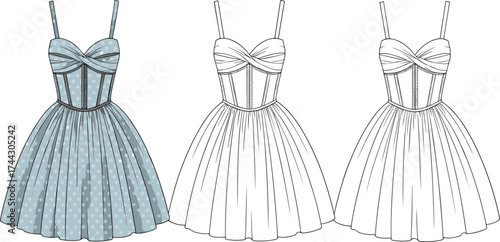 Blue polka dot sweetheart neckline dress fashion flat sketch, ruched bodice, spaghetti straps, full gathered skirt, cad drawing flat vector illustration