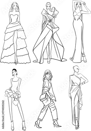 fashion sketch of a girl in a dress, set of  vector outline illustration