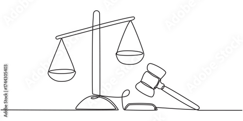 Gavel Continuous Line court  scale Judge hammer one continuous single line art drawing, One continuous single line of  court legal scale hammer  Judge's gavel continuous one line drawing.