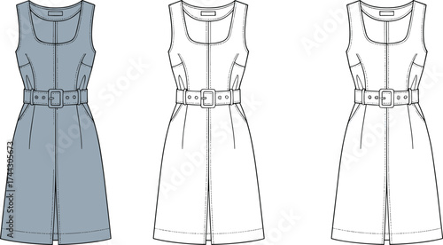 Sleeveless dress technical flat sketch, scoop neckline with zipper front, belted waist, flap pockets, fashion vector illustration, apparel garment CAD