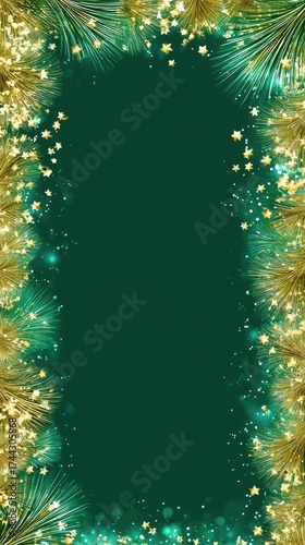 Festive scene featuring green fabric scattered with gold confetti alongside a pine branch and shiny ornaments