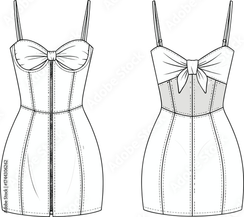 Spaghetti strap dress technical flat sketch, sweetheart neckline with bow bust detail, fitted silhouette, fashion vector illustration, apparel garment CAD