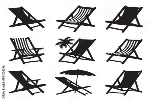 Black silhouettes of beach chairs and umbrella deck chair