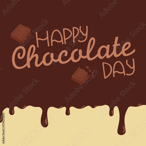 Happy chocolate day square frame with sweet candies and chocolate drips on dark background. Vector hand drawn cartoon illustration for packaging design, card, menu, web with copy space