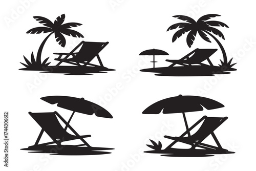 Four black silhouettes of beach chairs and palm trees