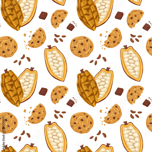 Cacao pod and beans, chocolate chip cookie seamless pattern on white background. Vector hand drawn illustration for packaging design, fabric, wrapping paper, sweet confectionary desert print