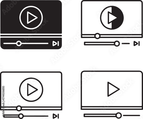 Four video player icons in various styles on transparent background silhouette