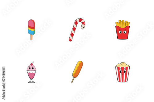 
Cute Cartoon Snack and Dessert Character Icons