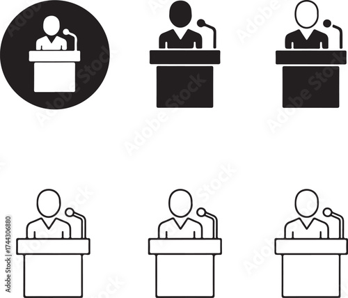 Three speakers at podiums monochrome icons set on transparent background silhouette