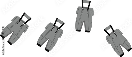 Gray overalls technical flat sketch, fashion vector illustration, apparel template with pockets and straps, scattered repeat pattern clothing garment CAD drawing