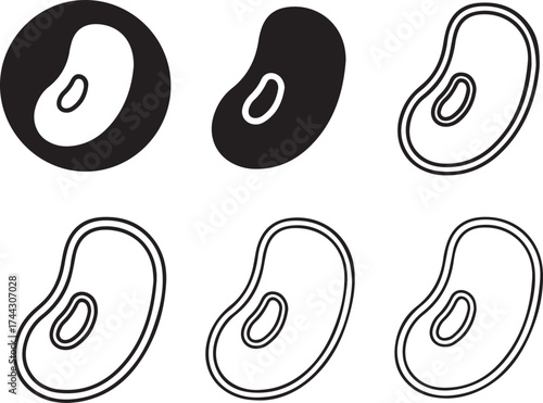 Three black and white bean shapes with outlines on transparent background silhouette