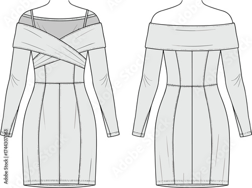 Off‑shoulder dress technical flat sketch, crisscross draped neckline, long sleeve fitted silhouette, above knee length, fashion vector apparel CAD drawing