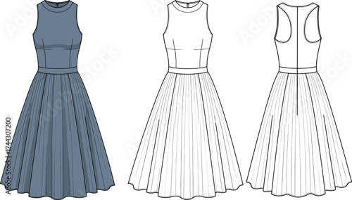 Sleeveless dress technical flat sketch, round neckline, racerback back view, pleated full skirt, fashion vector illustration, apparel garment CAD template drawing